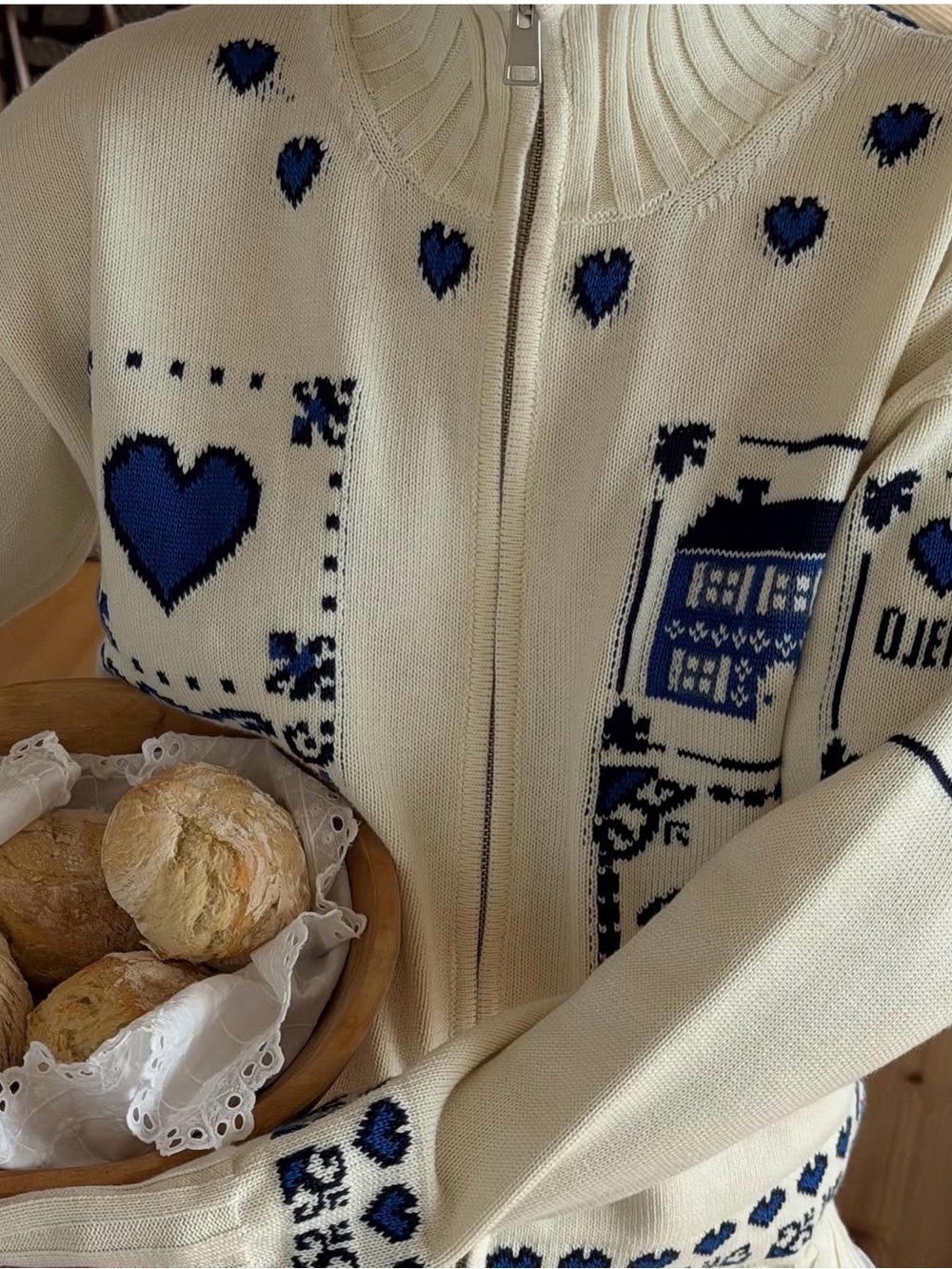 Djerf Avenue Cream Zip-Up Sweater with Blue Heart Motif - Picture 2 of 5
